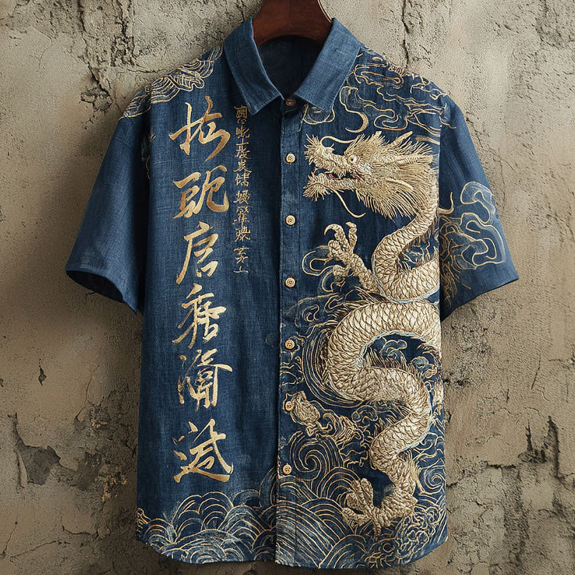 Men's Retro Dragon And Calligraphy Art Pattern Linen Blend Casual Shirt