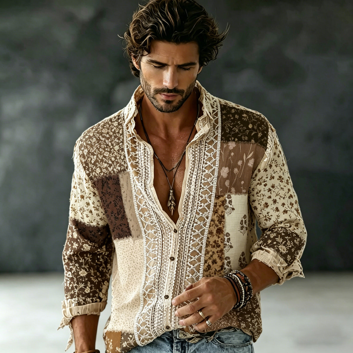 Men's Vintage Floral Patchwork Art Print Flowy Linen Blend Shirt