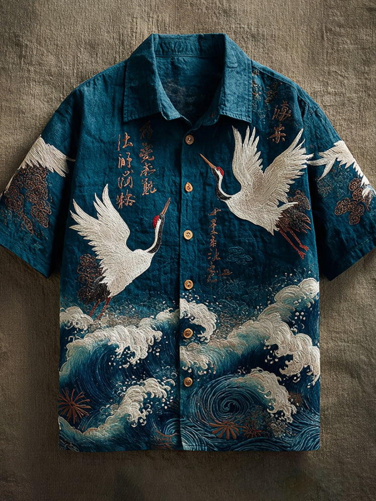 Men's Retro Wave And Crane Embroidered Casual Japanese Linen Shirt