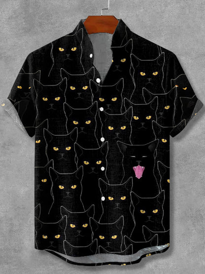 Retro Abstract Black Cat Art Linen Shirt