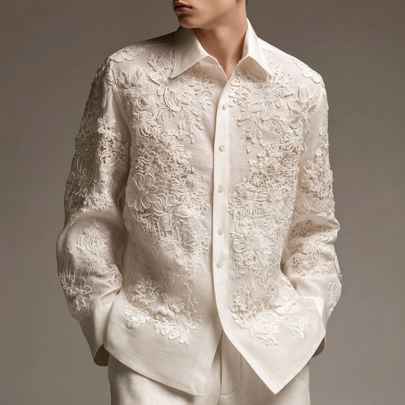 Men's Floral Lace Embroidered Long Sleeve Linen Shirt