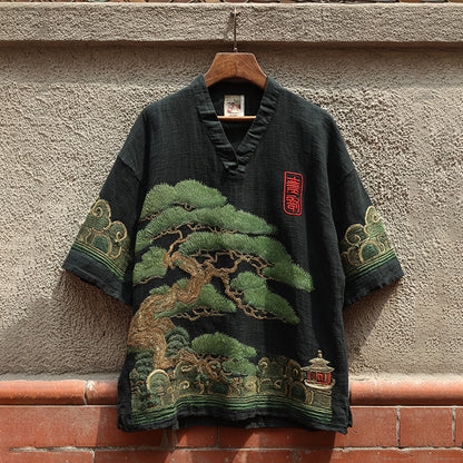 Men's  Japanese Pine Tree Art V-neck Linen Blend T-shirt