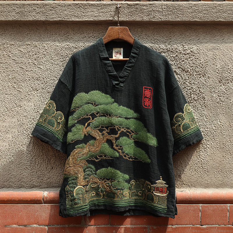 Men's  Japanese Pine Tree Art V-neck Linen Blend T-shirt