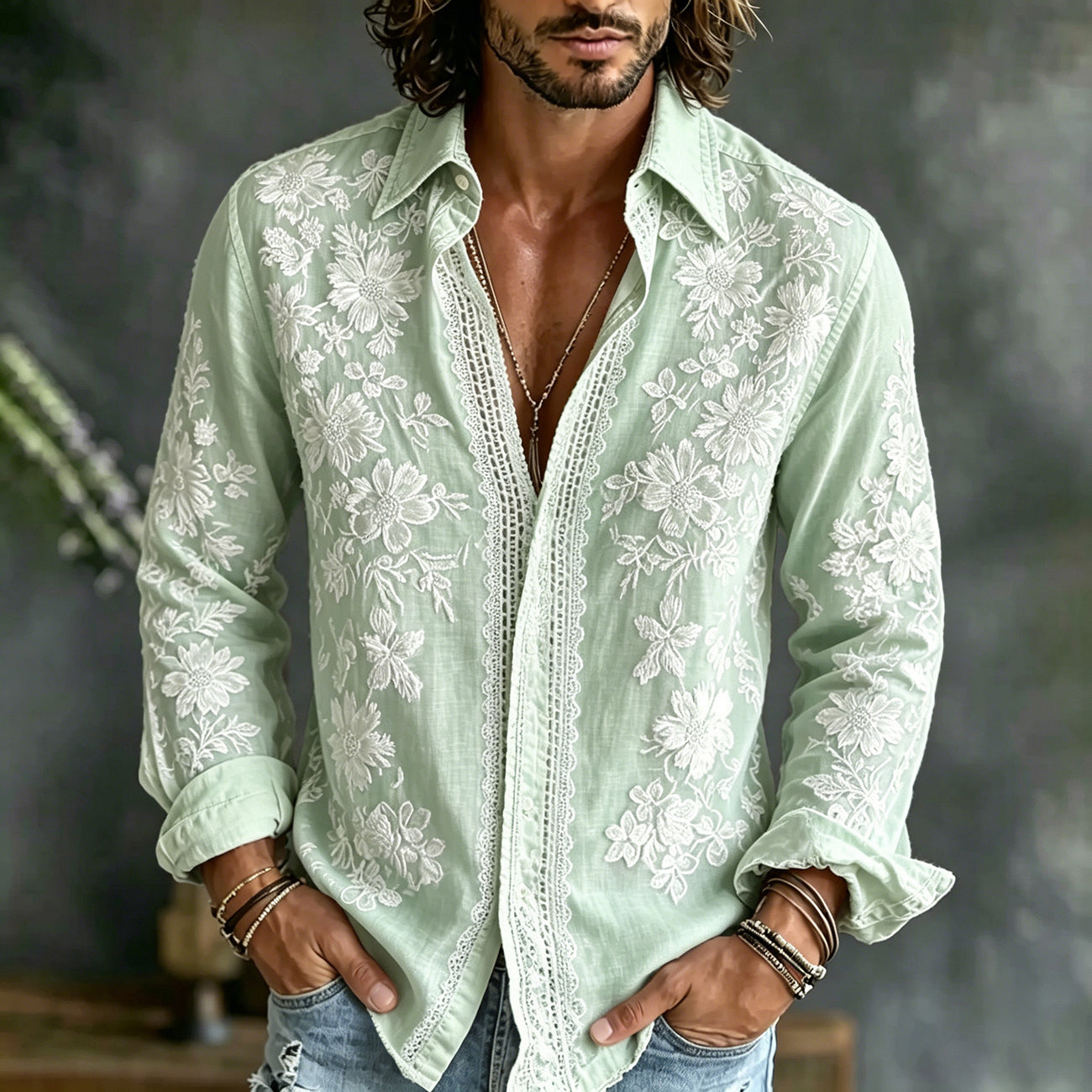 Men's Floral Embroidered Casual Cotton Linen Long-sleeved Shirt