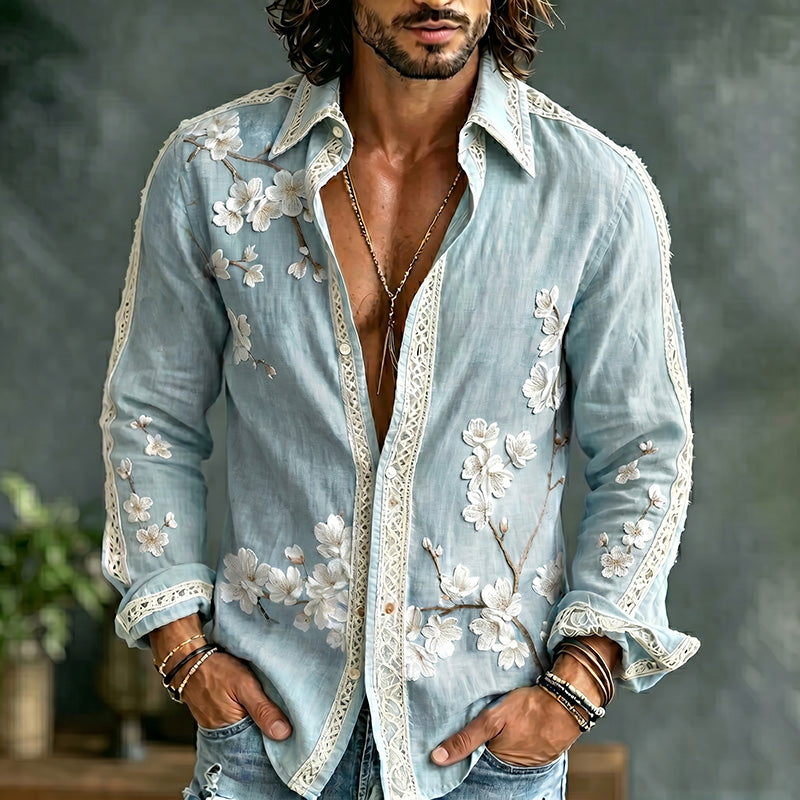 Men's Bohemian Style Floral Art Print Flowy Linen Blend Shirt