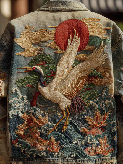 Men's Vintage Japanese Crane And Wave Embroidered Denim Jacket