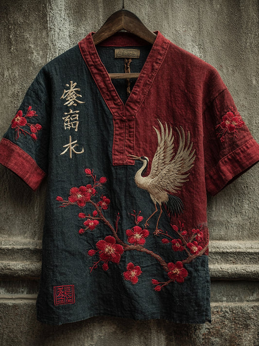 Men's Japanese Retro Style Calligraphy Cranes And Plum Blossoms Art Short-sleeve T-shirt