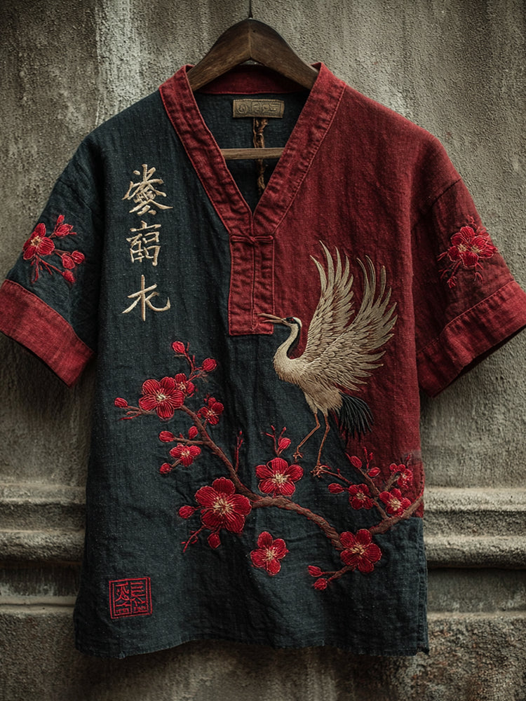 Men's Japanese Retro Style Calligraphy Cranes And Plum Blossoms Art Short-sleeve T-shirt