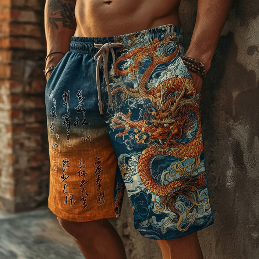 Men's Retro Japanese Dragon And Calligraphy Art Print Linen Blend Casual Shorts