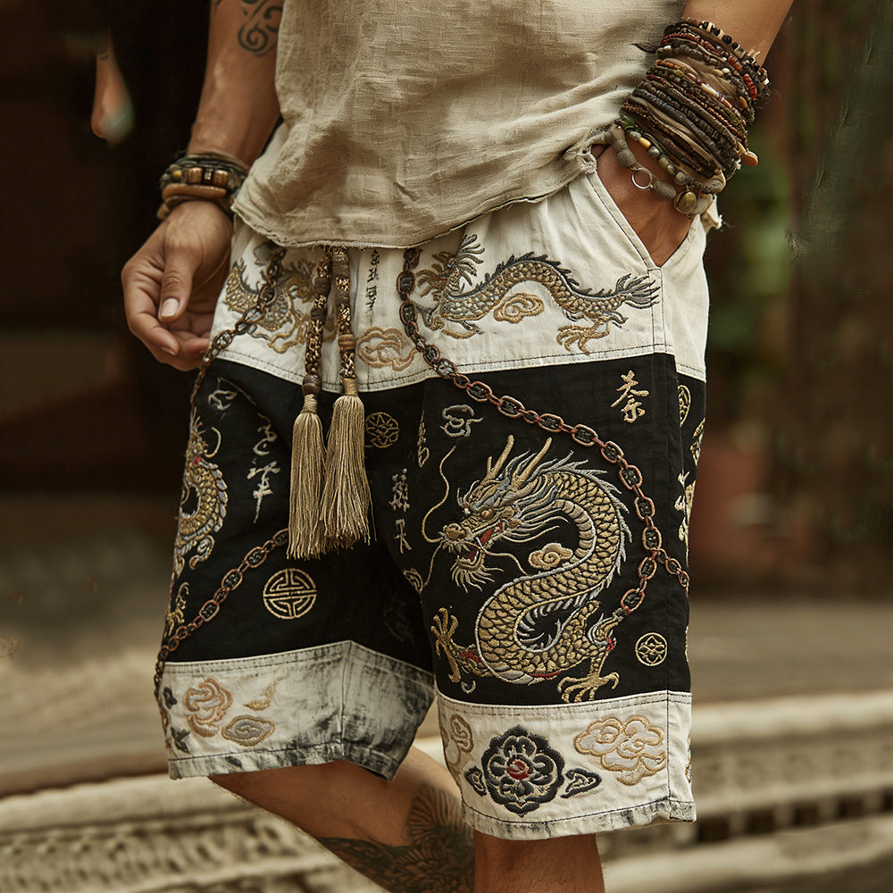Vintage Japanese-style Dragon Pattern And Traditional Motif Patchwork Cotton-linen Shorts