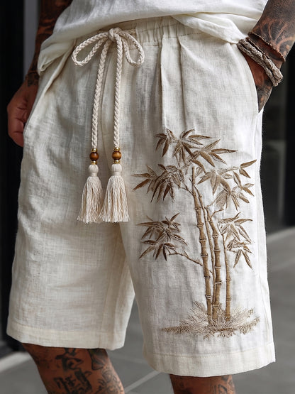Men's Vintage Japanese Bamboo Embroidery Art Linen Blend Casual Shorts