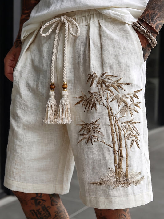 Men's Vintage Japanese Bamboo Embroidery Art Linen Blend Casual Shorts