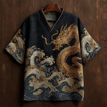 Japanese Sea Waves & Eastern Dragon Embroidered Linen Shirt