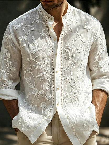 Men's Retro Crane With Floral Art Casual Linen Shirt