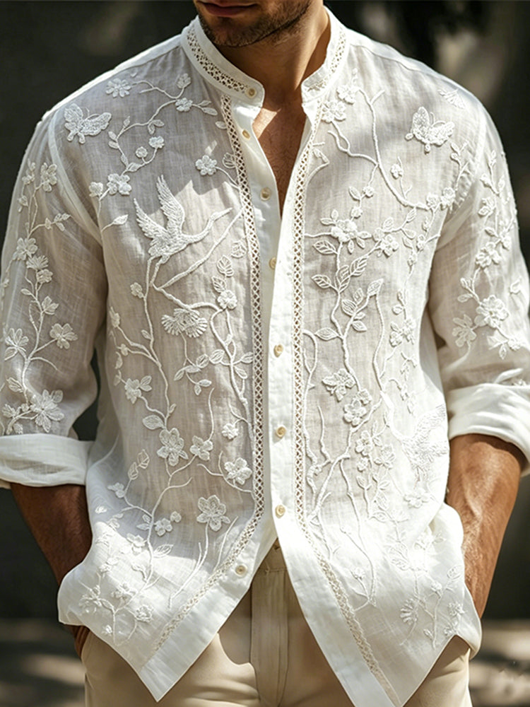 Men's Retro Crane With Floral Art Casual Linen Shirt