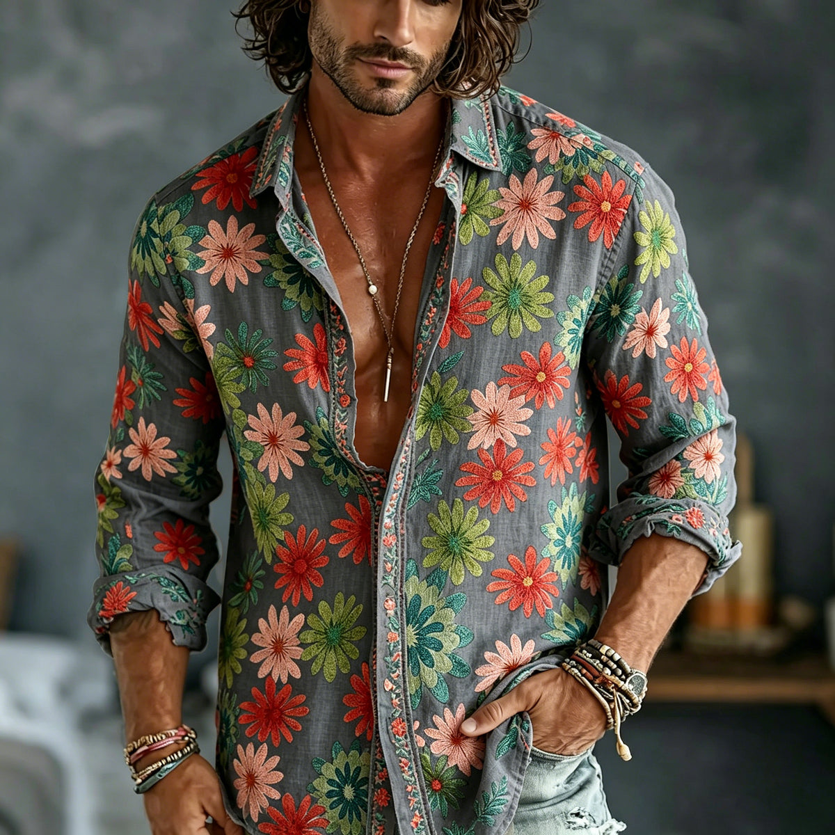 Men's Spring Summer Colorful Floral Embroidered Art Print Flowy Linen Blend Shirt