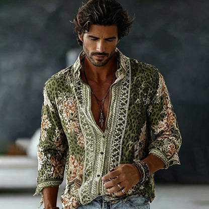 Men's Retro Floral In Leopard Art Print Flowy Linen Blend Shirt