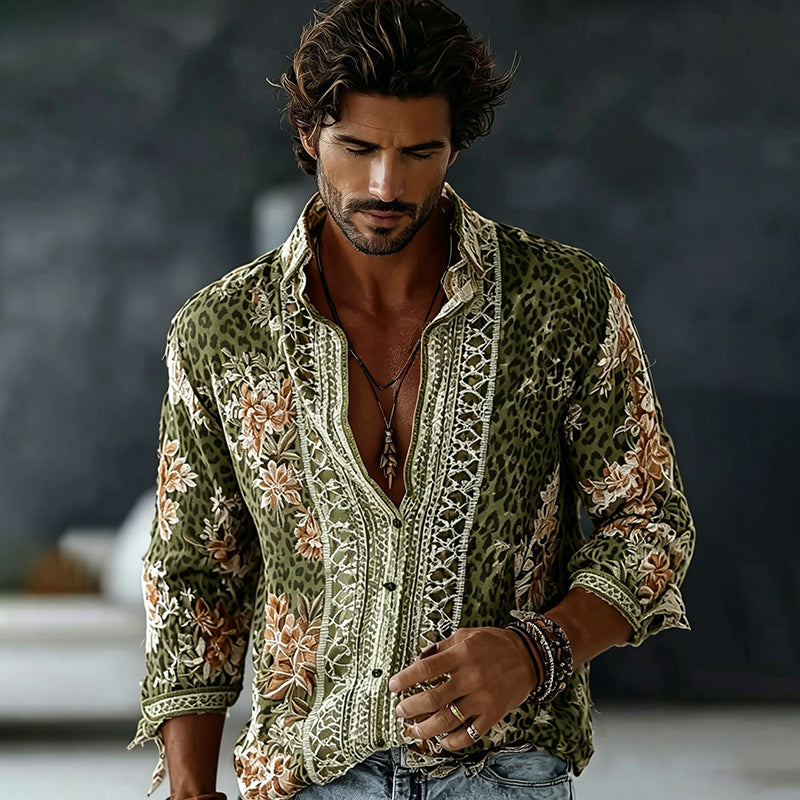 Men's Retro Floral In Leopard Art Print Flowy Linen Blend Shirt