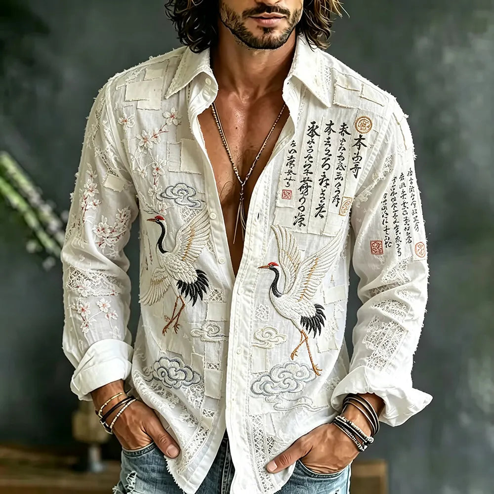 Japanese Cherry Blossom And Crane Men's Casual Linen Long Sleeve Shirt