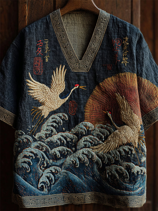 Men's Japanese Cranes & Sea Waves Sunrise Linen Shirt