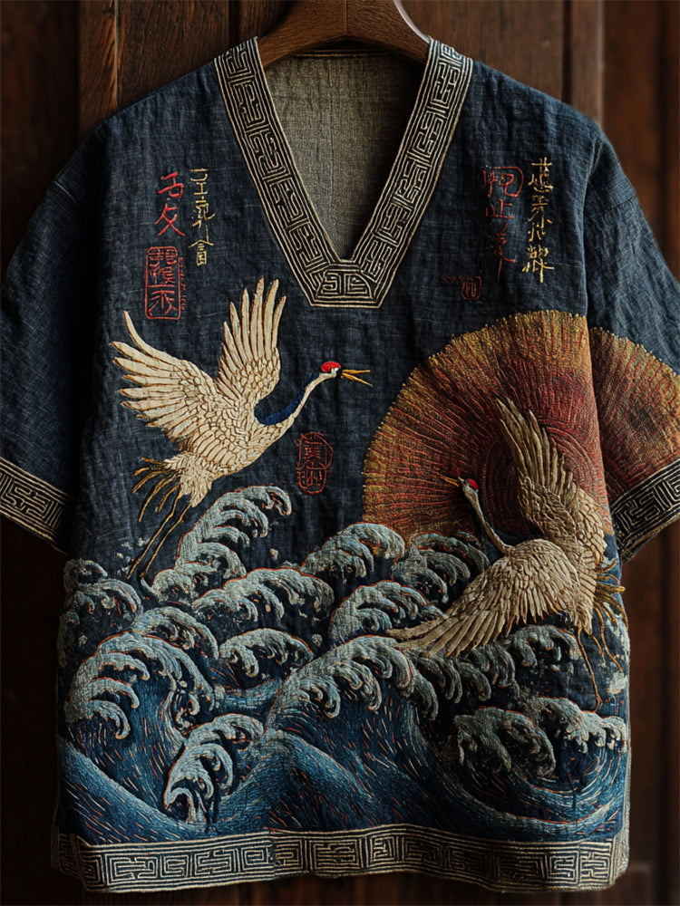 Men's Japanese Cranes & Sea Waves Sunrise Linen Shirt