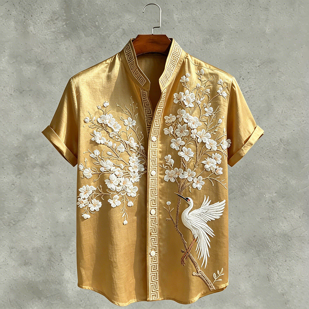 Japanese  Cherry Blossom & Crane Art Linen Blend Shirt