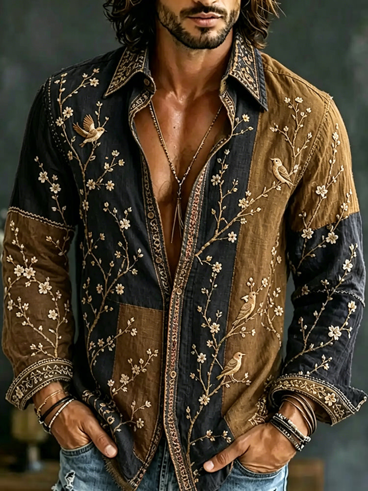 Men's Retro Flowers And Birds Patchwork Art Casual Linen Shirt