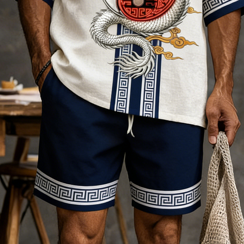 Men's Retro Color Block Dragon Design Suit