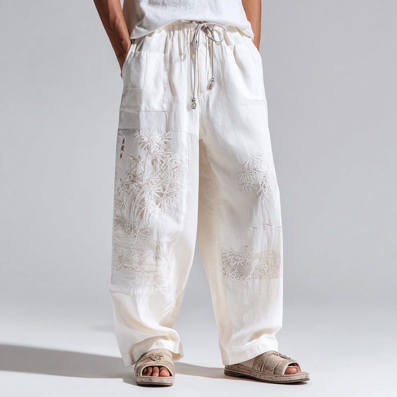 Men's Japanese Bamboo Print Casual Linen Pants