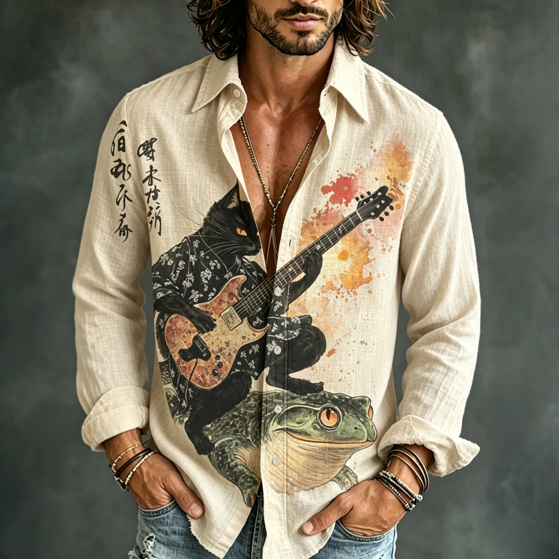 Men's Retro Japanese Black Cat Art Casual Shirt
