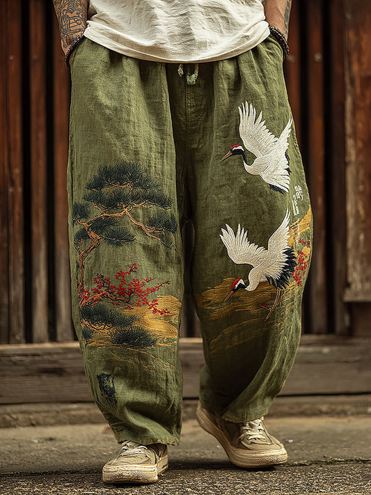 Men's Vintage Japanese Songhe Art Embroidery Art Linen Blended Casual Pants