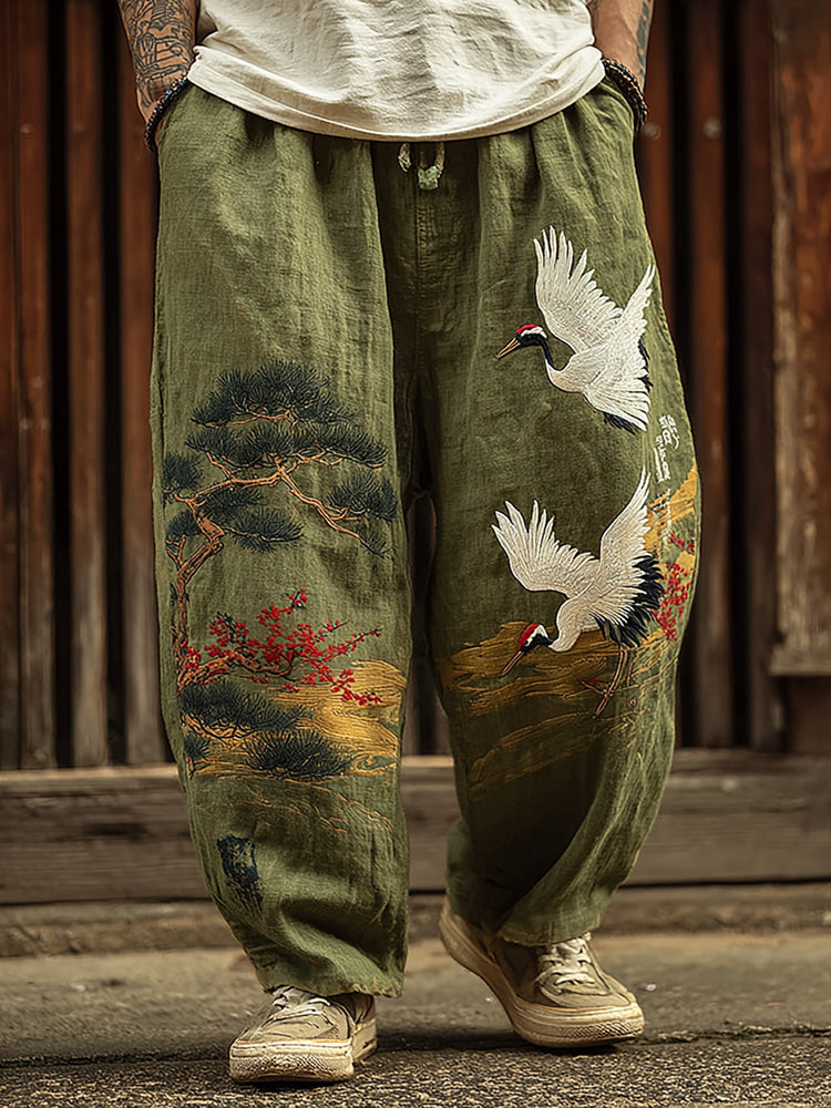 Men's Vintage Japanese Songhe Art Embroidery Art Linen Blended Casual Pants