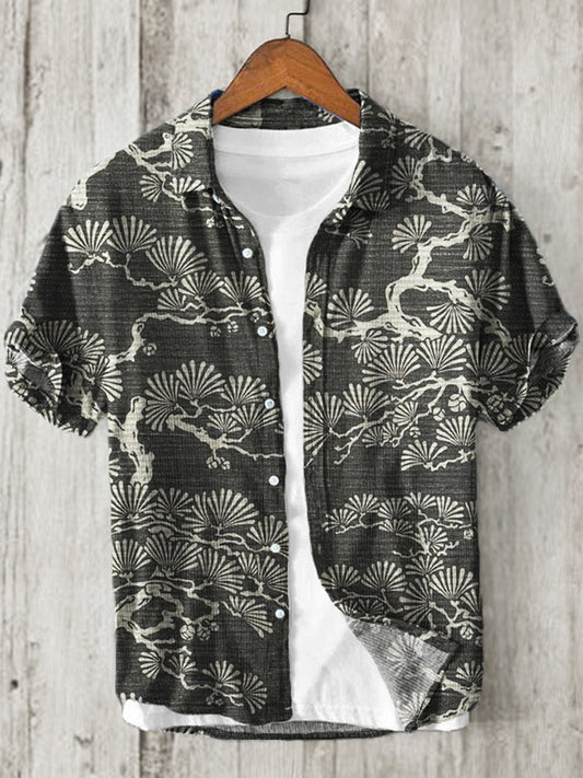Pine Trees Japanese Lino Art Pattern Linen Blend Shirt