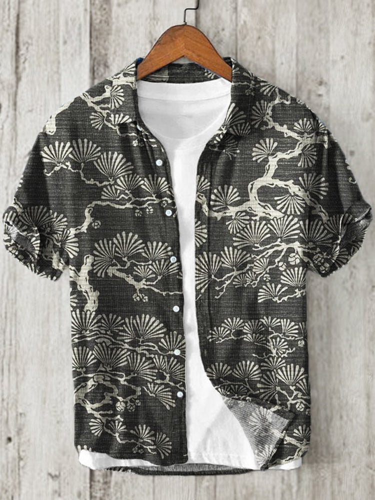 Pine Trees Japanese Lino Art Pattern Linen Blend Shirt