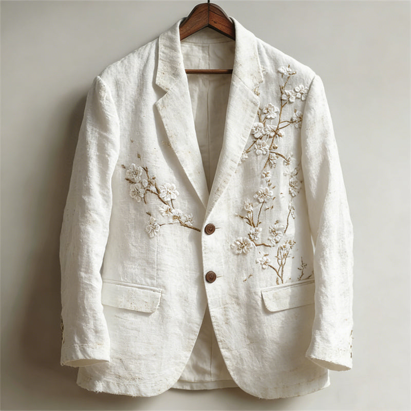 Men's Japanese Almond Blossom Art Vintage Linen Blazer
