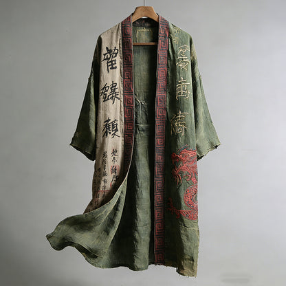 Men's Japanese Dragon Pattern Calligraphy And Painting Art Linen Long Kimono