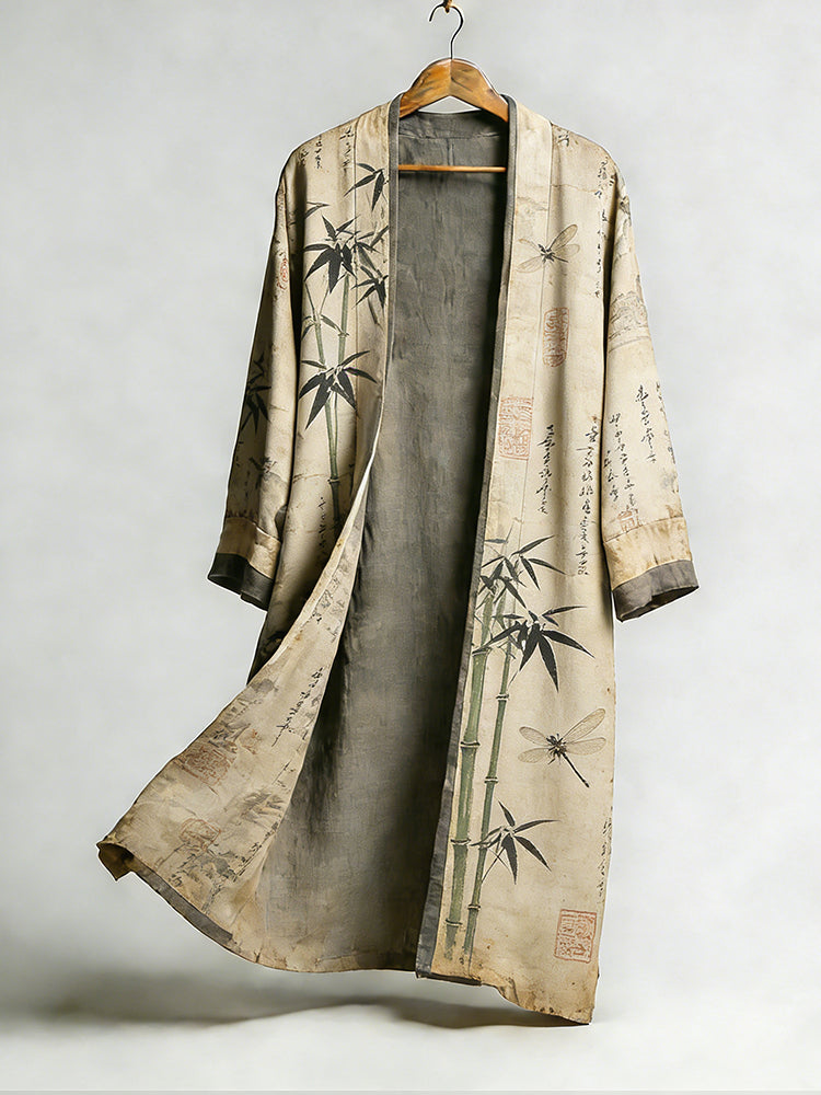 Men's Retro Bamboo Art Dragonfly Linen Long Kimono