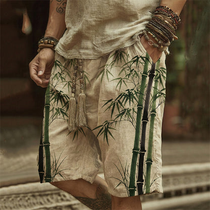 Men's Bamboo Art Print Linen Blend Casual Shorts