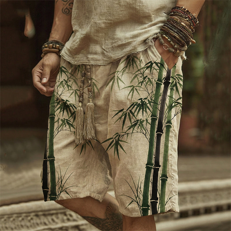 Men's Bamboo Art Print Linen Blend Casual Shorts