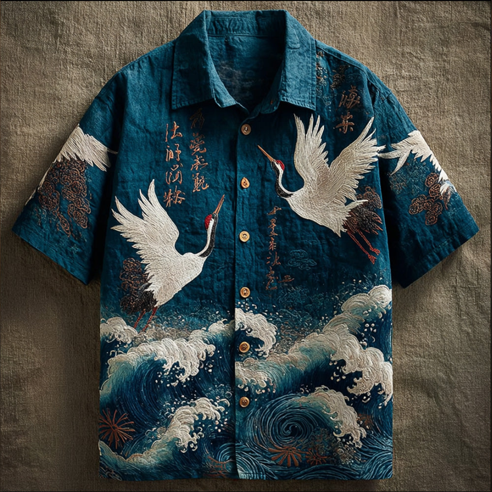 Men's Retro Wave And Crane Embroidered Casual Japanese Linen Shirt