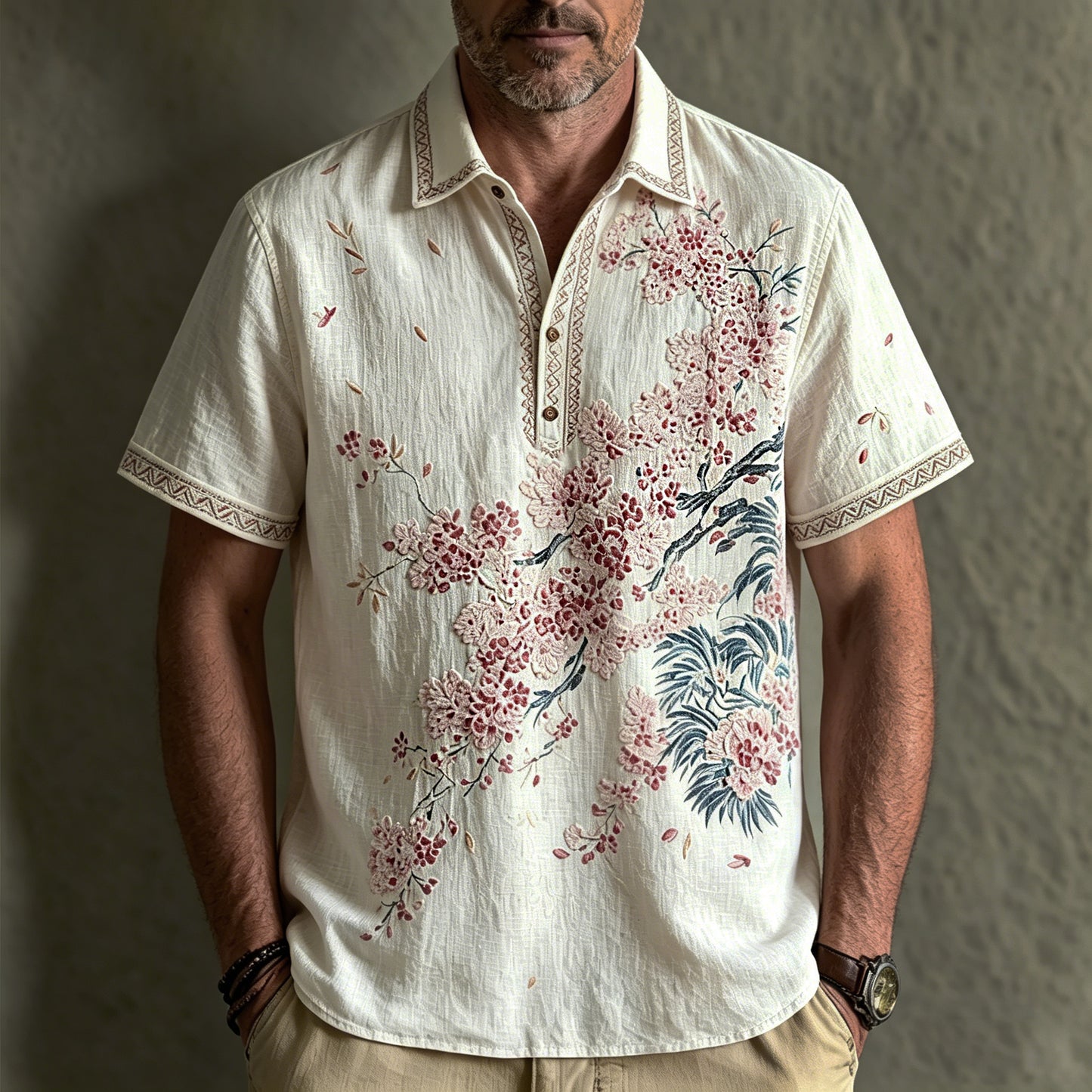Men's Retro Japanese Floral Print Cotton Linen Comfortable Polo Shirt