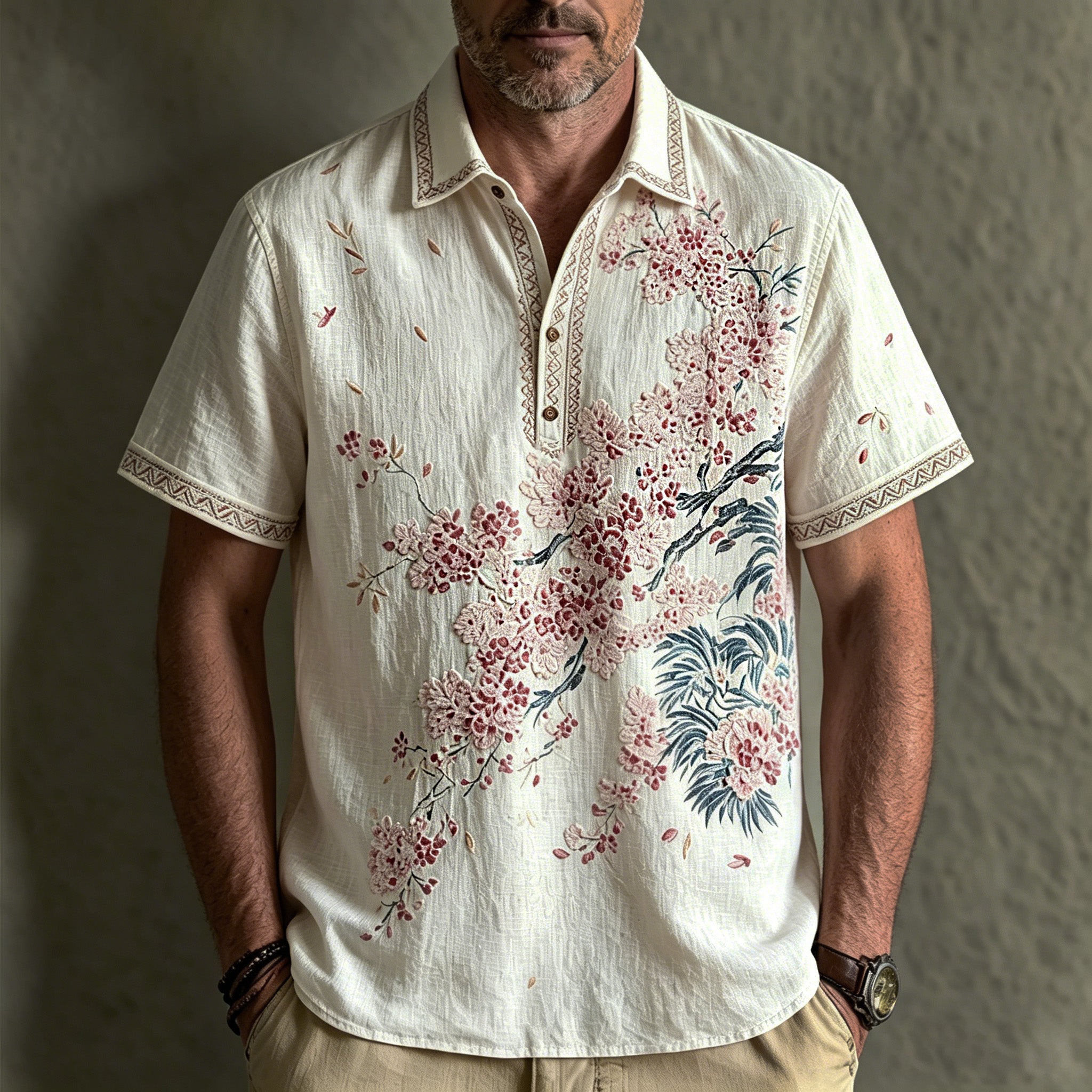 Men's Retro Japanese Floral Print Cotton Linen Comfortable Polo Shirt