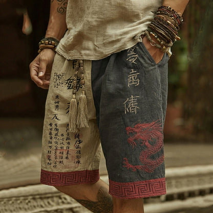 Men's Retro Japanese Calligraphy And Dragon Art Pattern Linen Blend Shorts