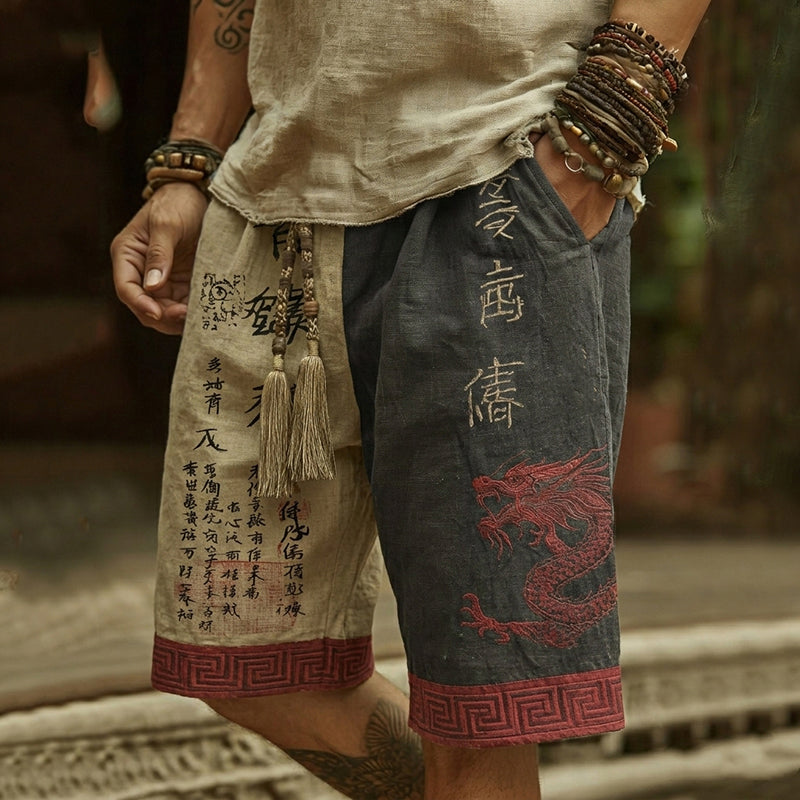 Men's Retro Japanese Calligraphy And Dragon Art Pattern Linen Blend Shorts