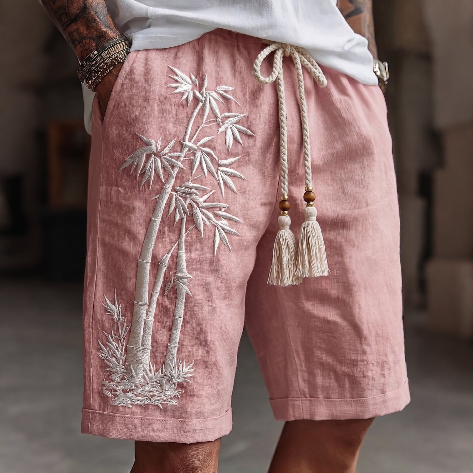 Men's Japanese Bamboo Embroidery Art Linen Blend Shorts