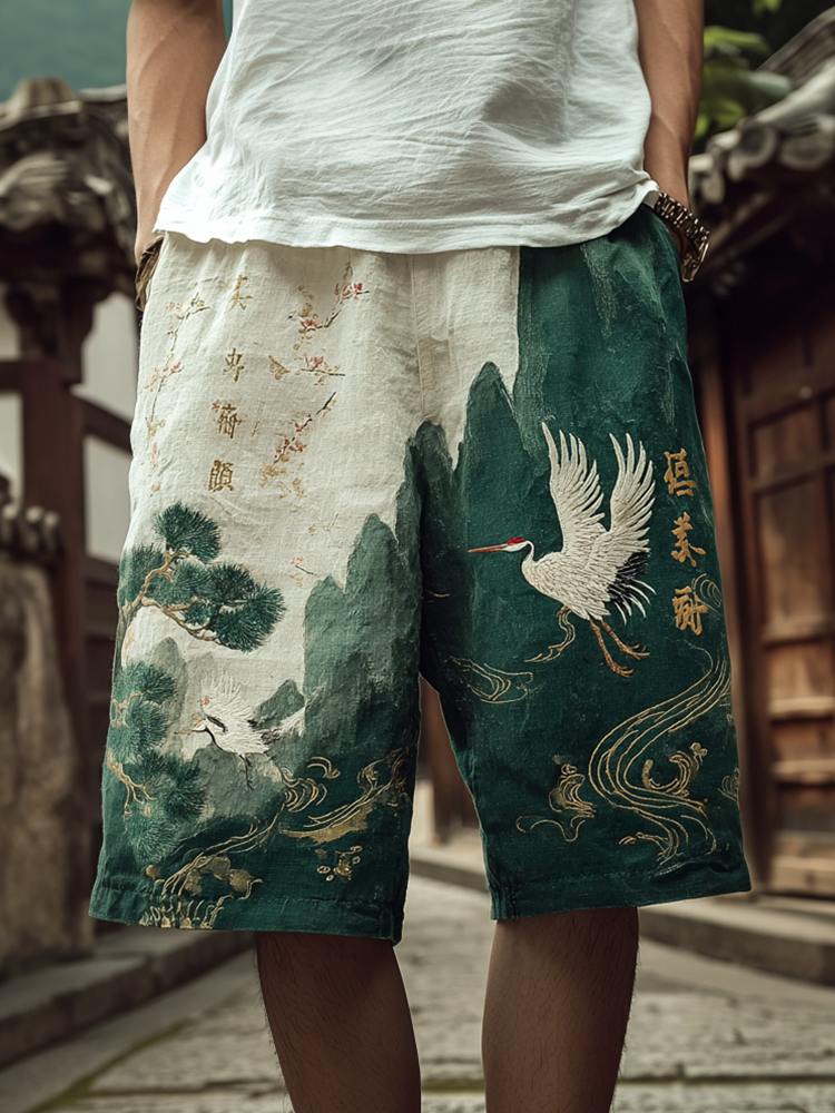 Japanese Art Retro Crane And Landscape Pattern Design Casual Linen Shorts