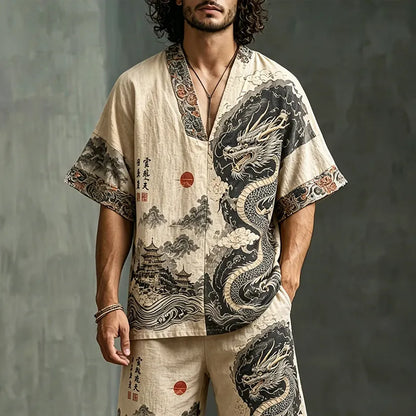 Men's Dragon Letter Landscape Print Cotton Linen V-neck Short-sleeve Shorts Two-piece Set
