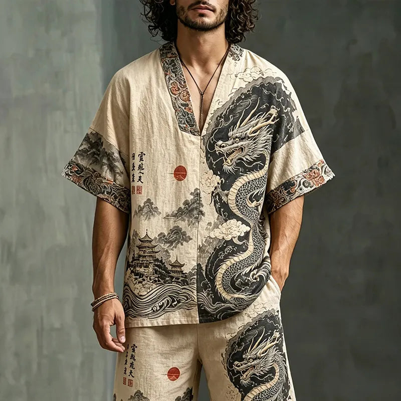 Men's Dragon Letter Landscape Print Cotton Linen V-neck Short-sleeve Shorts Two-piece Set